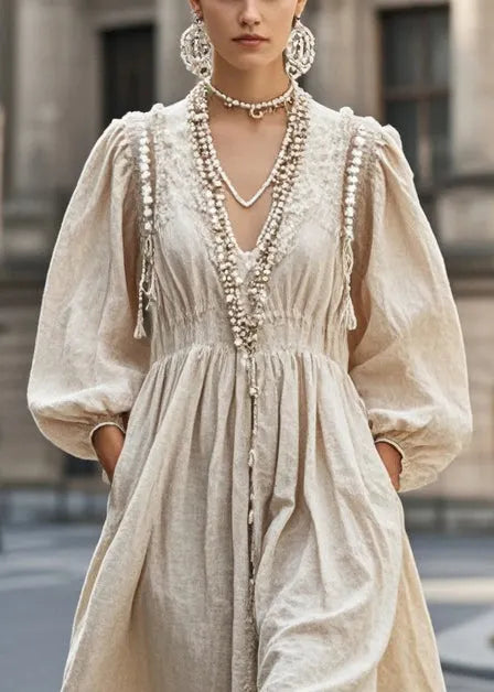 Nail Bead V Neck Cotton Holiday Dress Fall