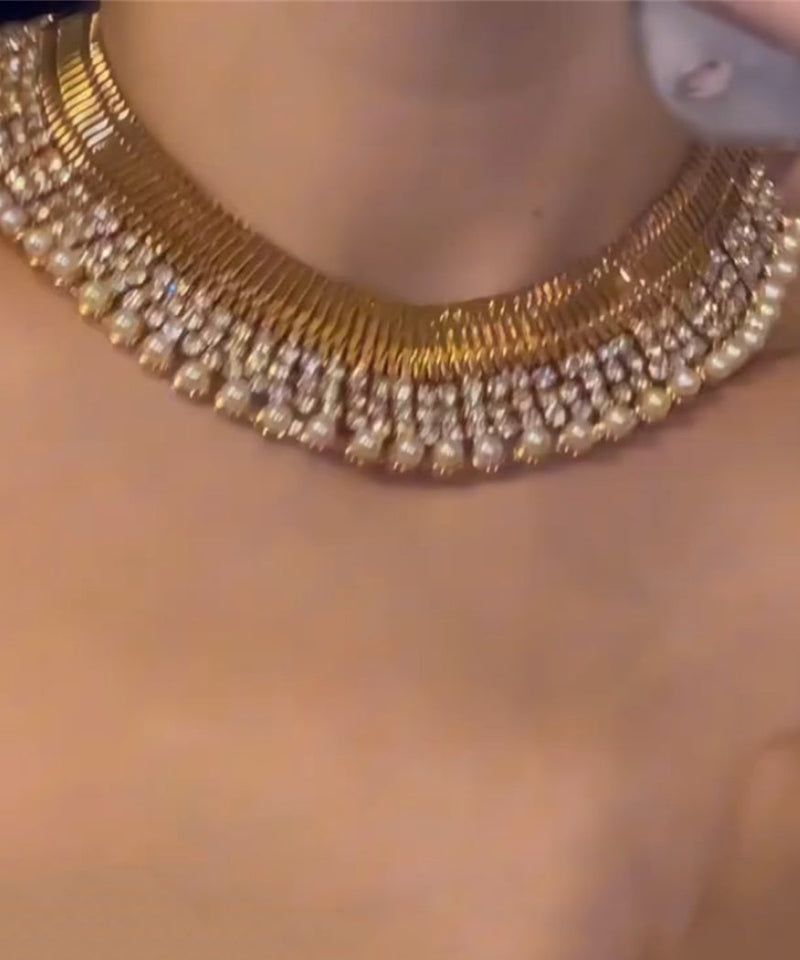 Gold Copper Alloy Zircon Pearl Gratuated Bead Necklace