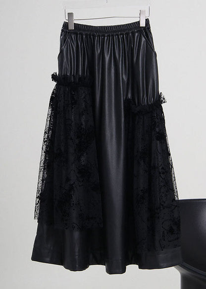 Black Elastic Waist Lace Patchwork Faux Leather Skirt Spring