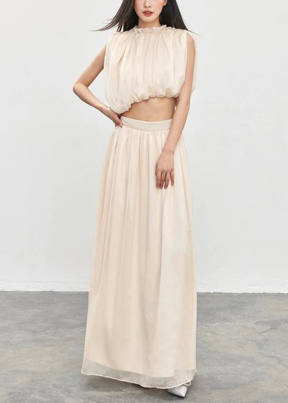 Apricot Ruffled Tops and Skirts Cotton Two Pieces Set Sleeveless