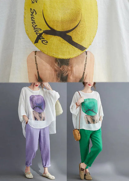 Purple Asymmetrical Design Print Cotton Two Pieces Set Summer