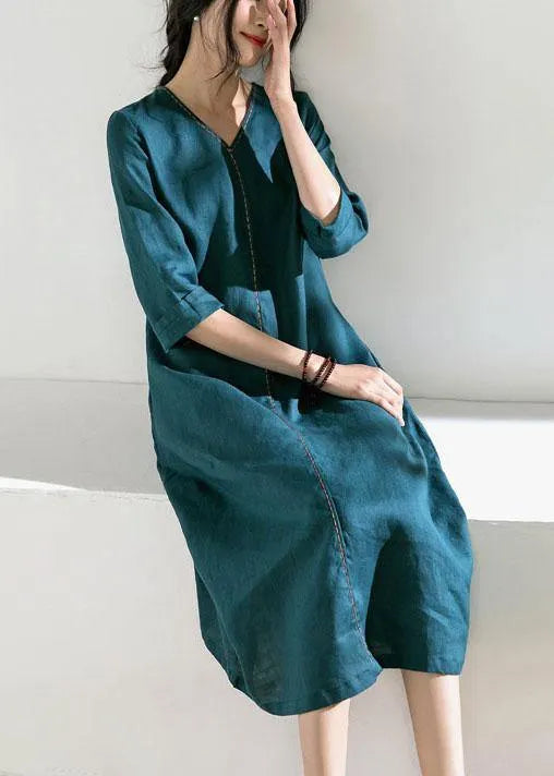 Loose Green V Necktie Waist a Line Summer Ramie Vacation Dresses
