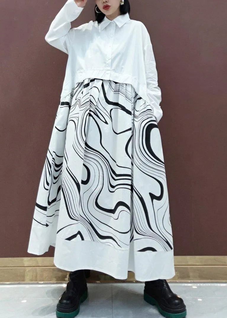 Diy White Print Clothes Lapel Patchwork Maxi Spring Dresses
