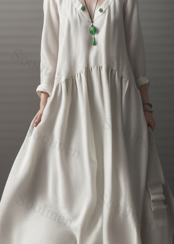 Beige V Neck Wrinkled Patchwork Silk Dress Long Sleeve