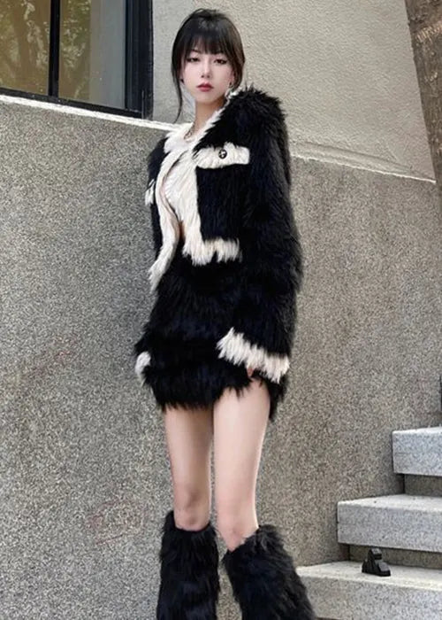 Stylish Black O-neck Coats and Skirts Mink Velvet Two Pieces Set Winter