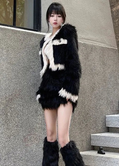 Stylish Black O-neck Coats and Skirts Mink Velvet Two Pieces Set Winter