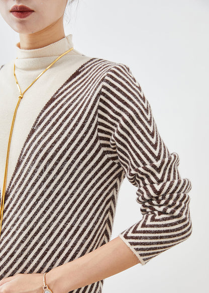 Beige Turtle Neck Striped Silm Fit Knit Sweater Winter