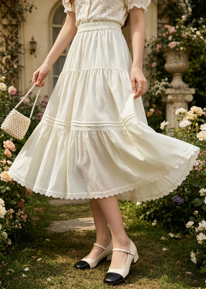 Apricot Lace Elastic Waist Patchwork Cotton Skirts Summer
