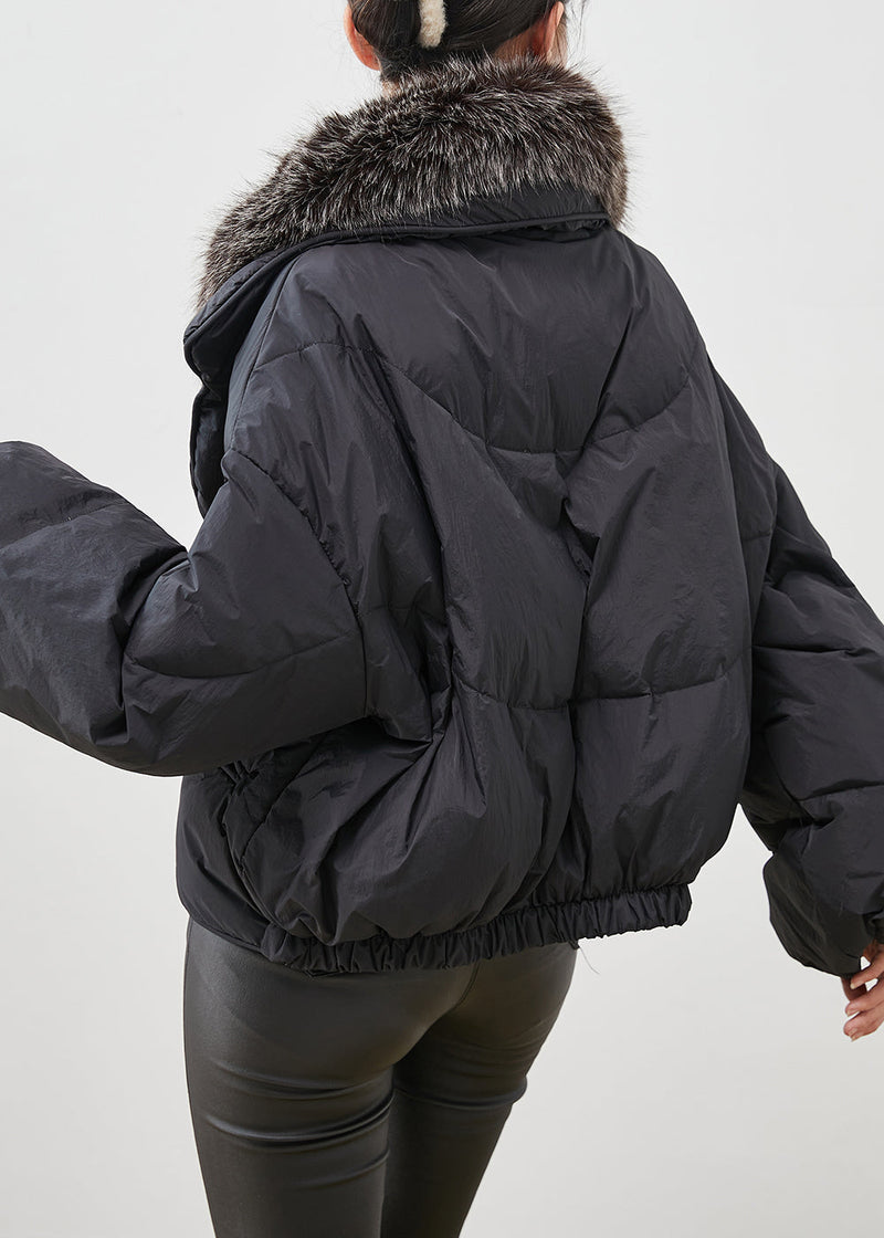 Black Rabbit Hair Collar Warm Duck Down Puffer Jacket Winter