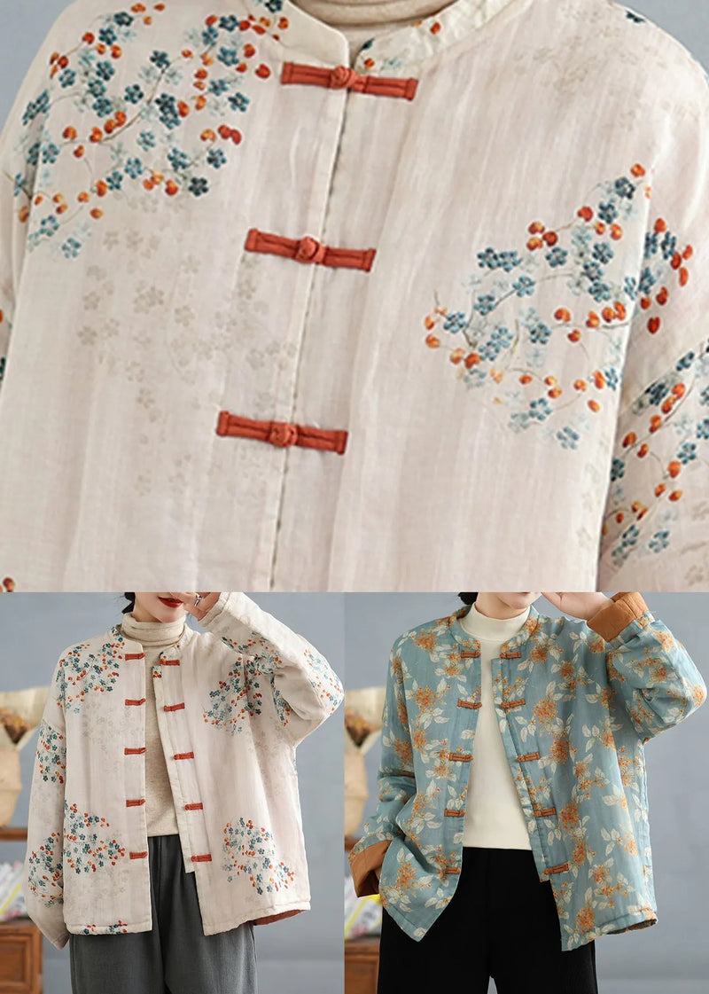 Light Blue Print Fine Cotton Filled Coats Stand Collar Spring