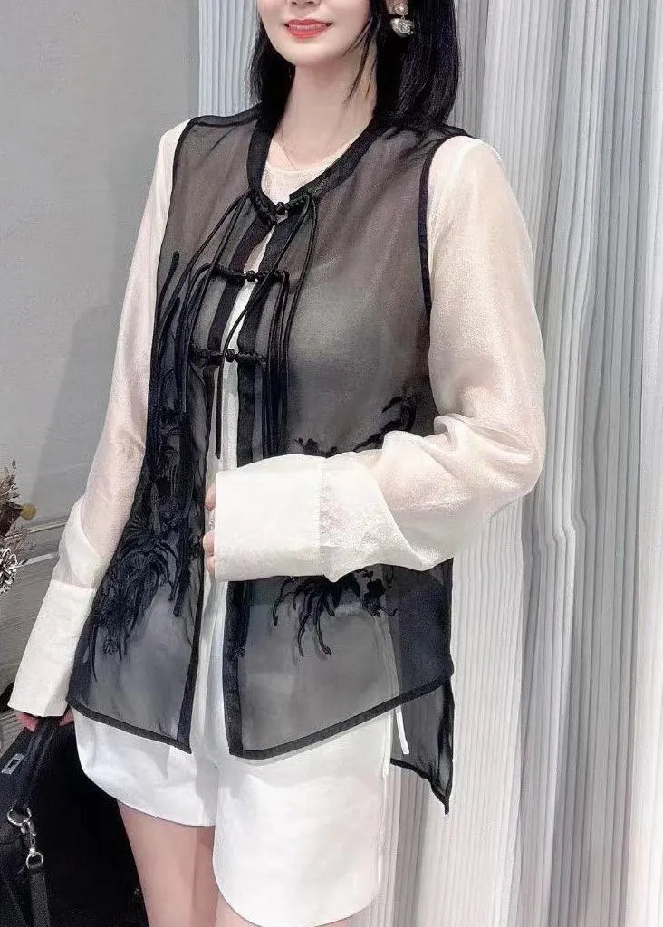 Vogue Black O-neck Embroideried Button Silk Waistcoat Summer