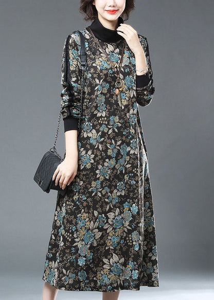 Blue Turtleneck Print Patchwork Warm Fleece Long Dresses Fall