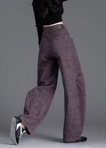 Purple Pockets Print Wrinkled Denim Pants Spring