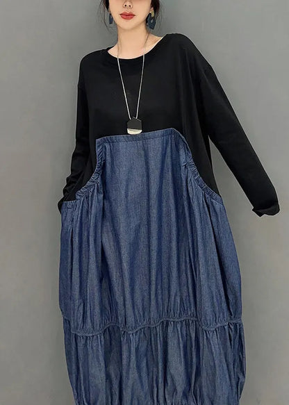 Colorblock Oversized Patchwork Wrinkled Denim Dress Spring