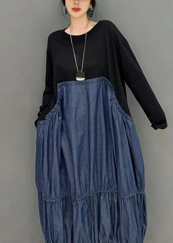 Colorblock Oversized Patchwork Wrinkled Denim Dress Spring
