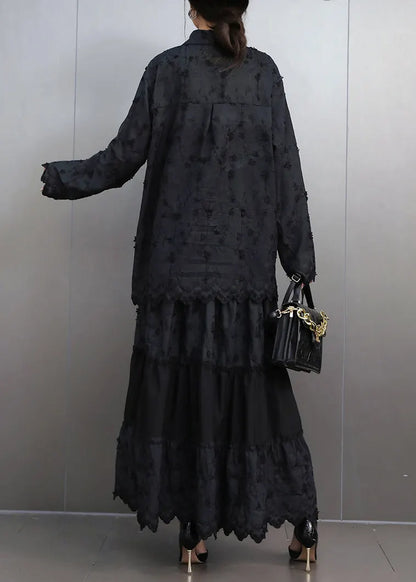 Black Lace Top and Maxi Skirts Two Pieces Set Peter Pan Collar Fall