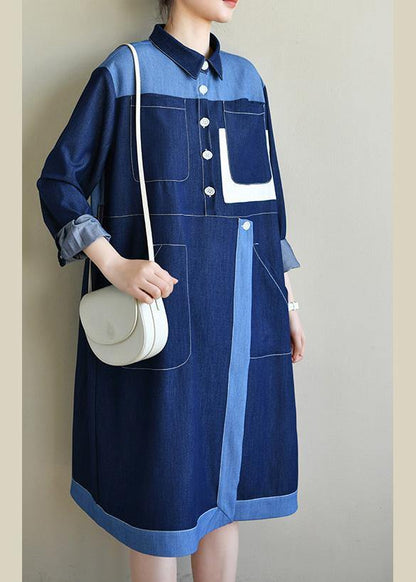 Diy Navy Long Sleeve Chiffon Dress Patchwork Mid Dress