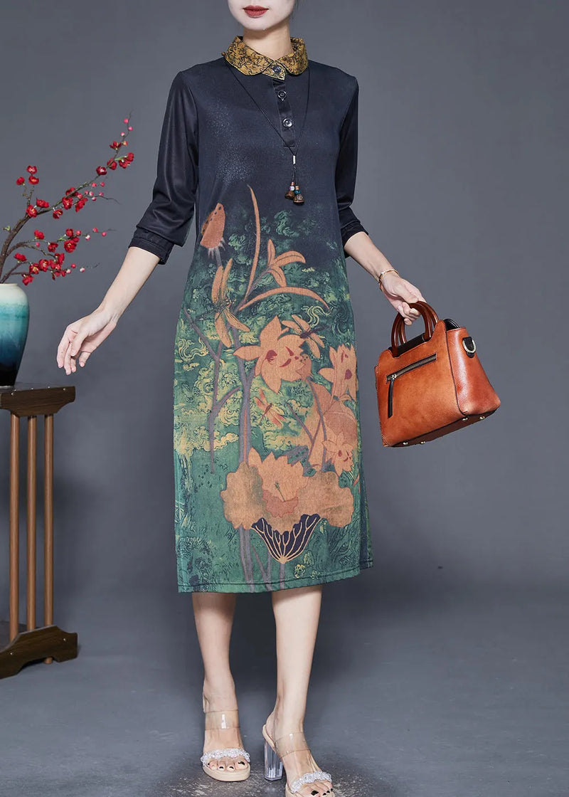 Black Peter Pan Collar Print Slim Fit Dress Fall