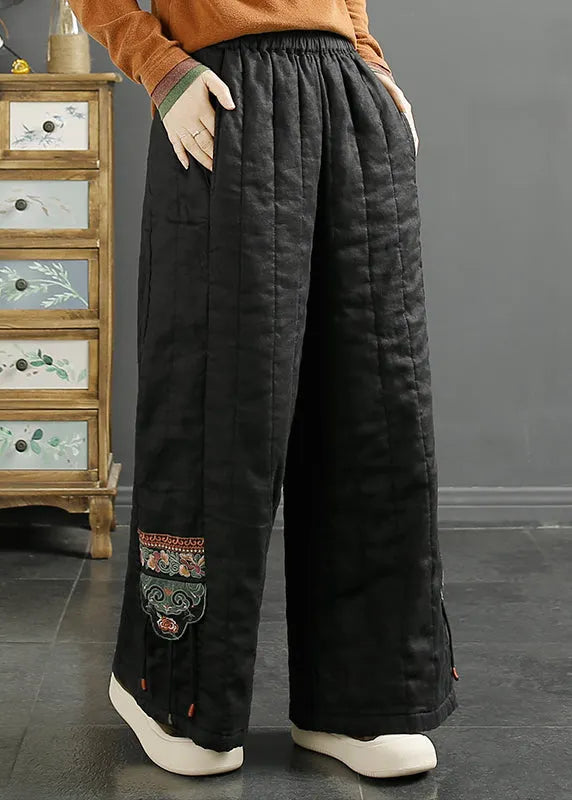 Red Embroideried Pockets Fine Cotton Filled Wide Leg Pants Winter