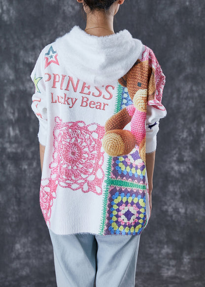 Diy White Hooded Bear Print Mink Hair Knitted Pullover Sweater Winter