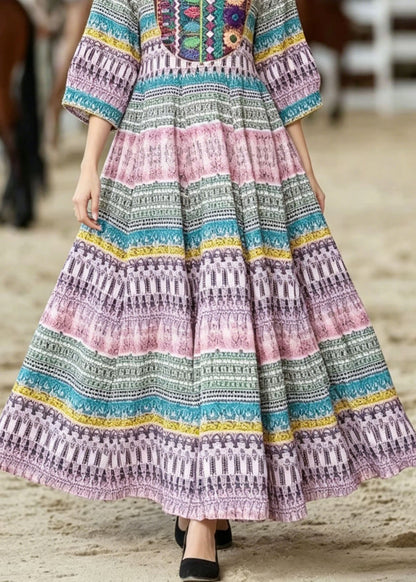 O Neck Print Wrinkled Cotton Dresses Summer