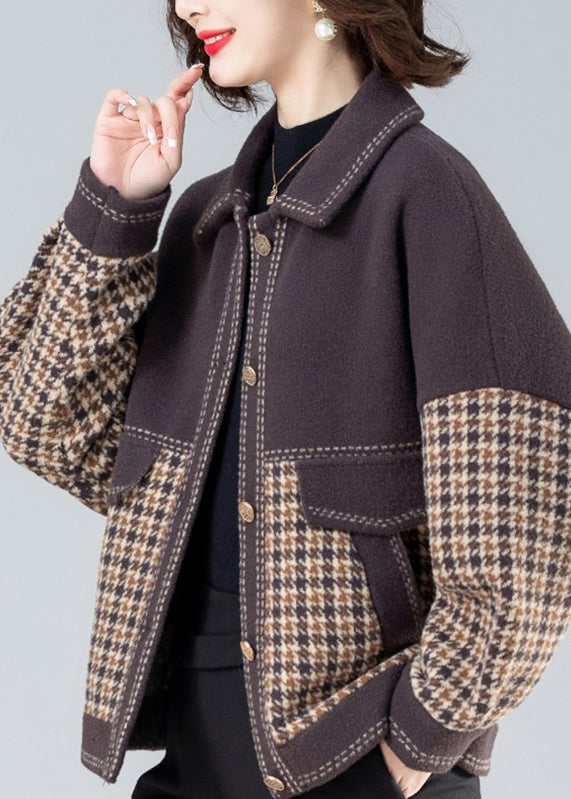 Camel Peter Pan Collar Print Patchwork Coats Long Sleeve