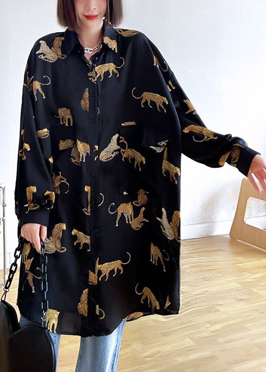 Black Peterpan Collar Button Pockets Print Fall Top Long Sleeve