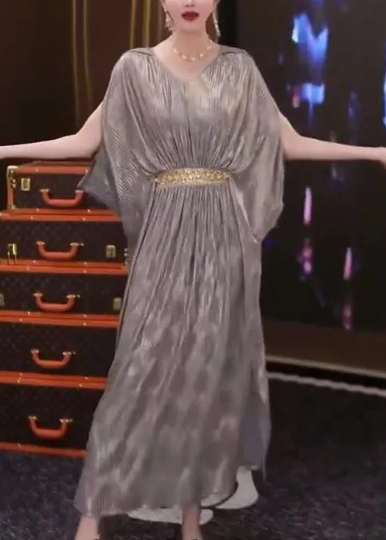 Loose Silver Wrinkled Side Open Patchwork Long Dresses Summer