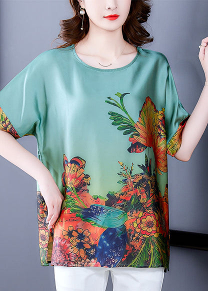 Green O-neck Print Silk Tops for Short Sleeve