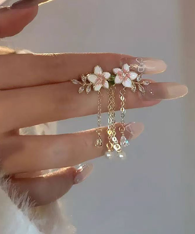 Gold Alloy Zircon Pearl Dripping Glaze Tassel Drop Earrings