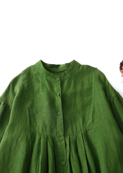 Art Green Button Wrinkled Cotton Blouses Dress Spring