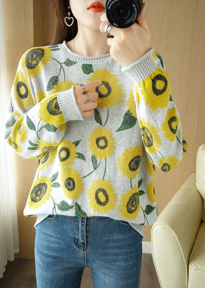 Grey O-neck Print Thick Knit Sweater Fall
