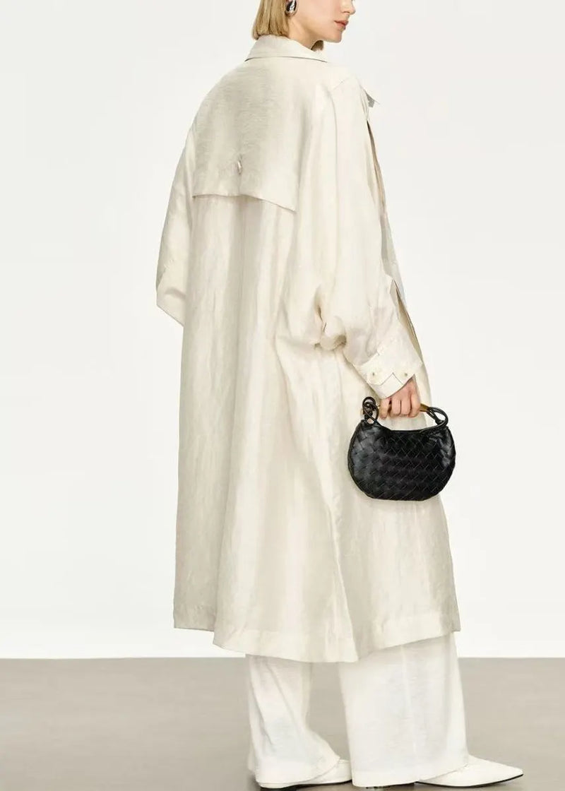 White Pockets Thin Linen Silk Long Trench Coats Peter Pan Collar Batwing Sleeve