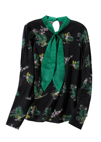 Black Stand Collar Print Silk Shirt Spring