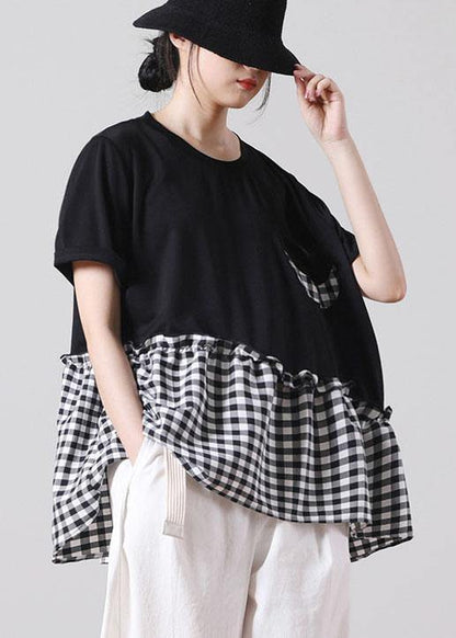 Fine Black Patchwork Asymmetrical Design Ruffled Cotton Short Sleeve Summer Shirt Top