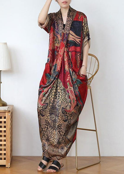 Classy Print V Neck Long Sleeve Holiday Summer Chiffon Dress