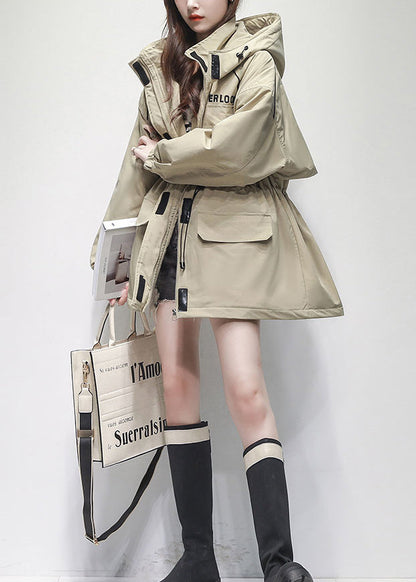 Coffee Hooded Pockets Drawstring Warm Fleece Jacket Winter