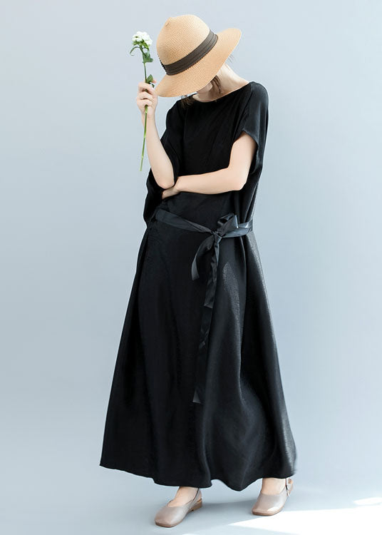 French Black Cinched Loose Wrinkled Long Dress Bat Wing Sleeve