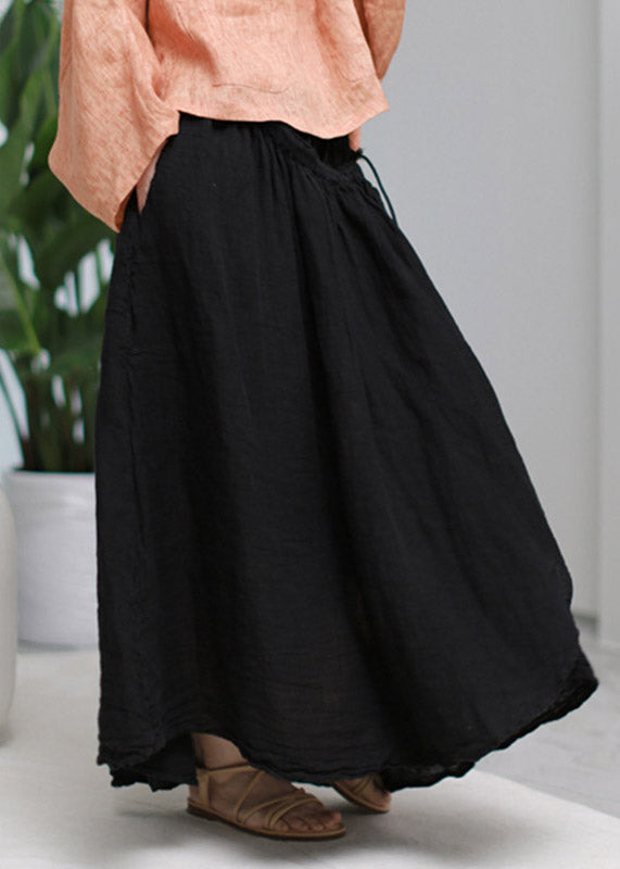 Stylish White Asymmetrical Pockets Wrinkled Tie Waist Linen Skirt Summer
