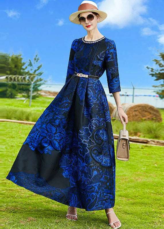 French Blue O-neck Jacquard Sashes Long Dresses Bracelet Sleeve