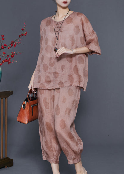 Boutique Khaki Oversized Print Linen Two Pieces Set Summer