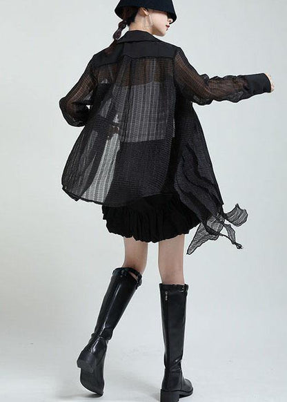 Boutique Black Peter Pan Collar Patchwork Asymmetrical Design Shirt Long Sleeve