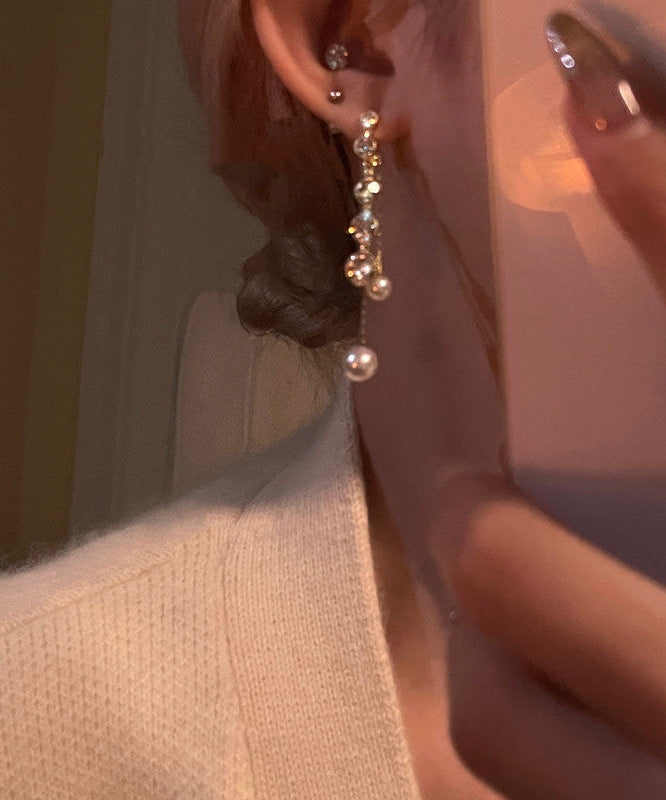 Gold Copper Alloy Zircon Pearl Tassel Drop Earrings
