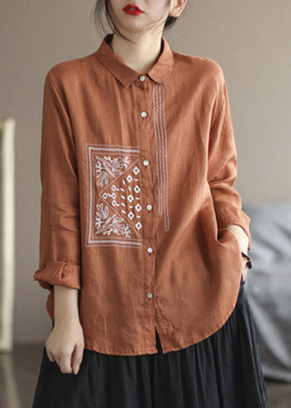 Purple Peter Pan Collar Embroideried Button Linen Shirt Long Sleeve