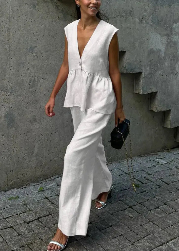 Pink V Neck Button Waistcoat and Pants Cotton Two Piece Set Sleeveless