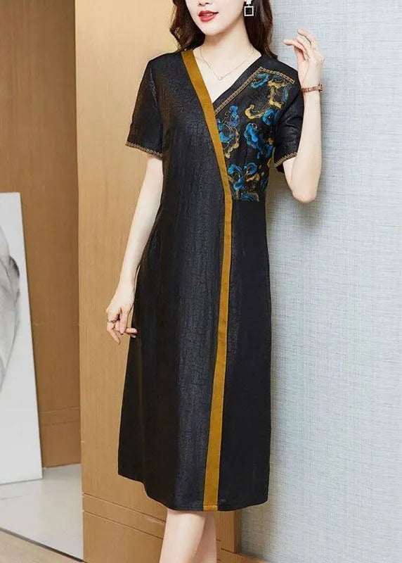 Black Embroideried Patchwork Silk Holiday Dress Summer
