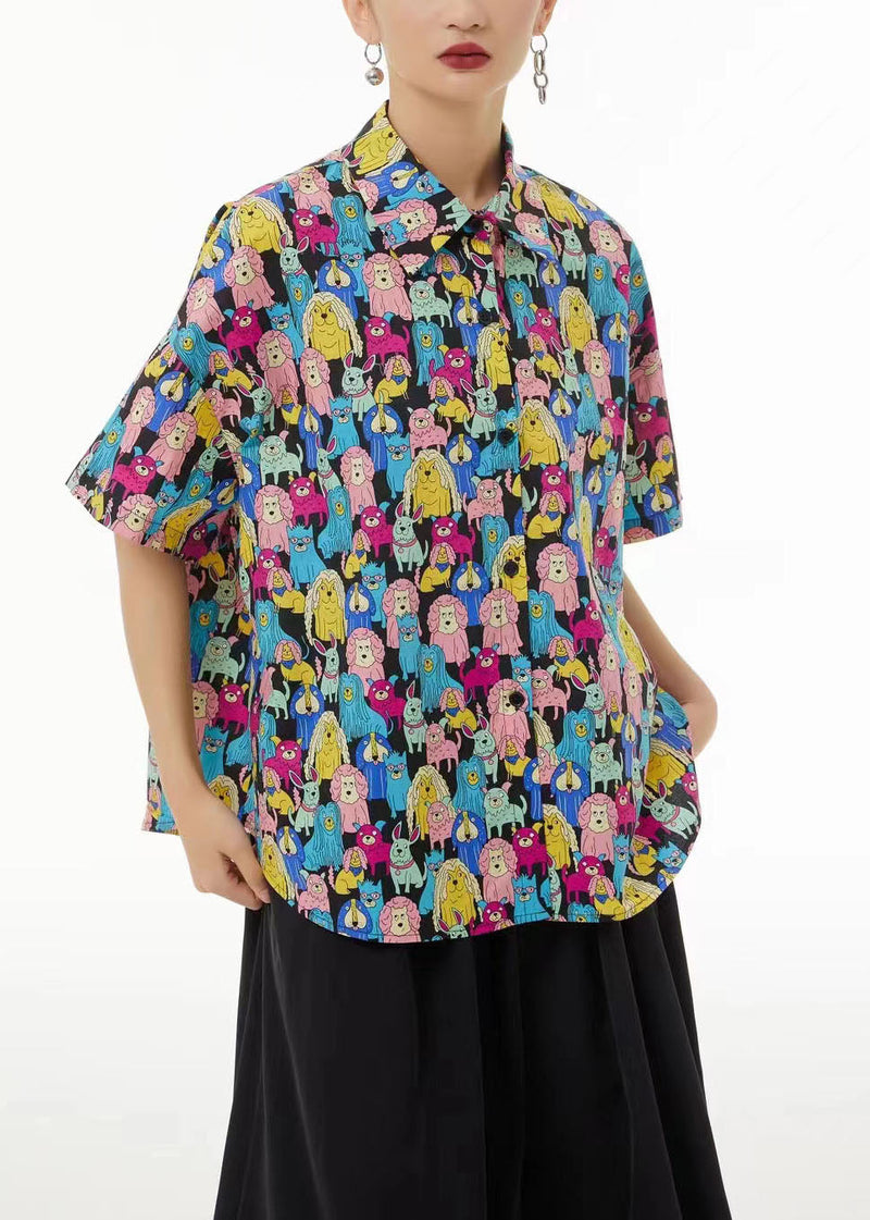 Khaki Peter Pan Collar Animal Print Cotton Blouses Summer