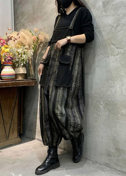 Black Graphic Print Striped Button Denim Jumpsuits Spring