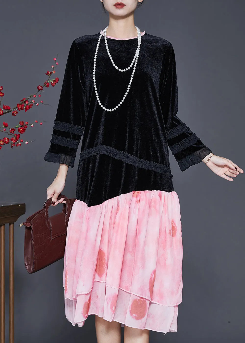 Unique Black Ruffled Patchwork Silk Velour Dress Spring