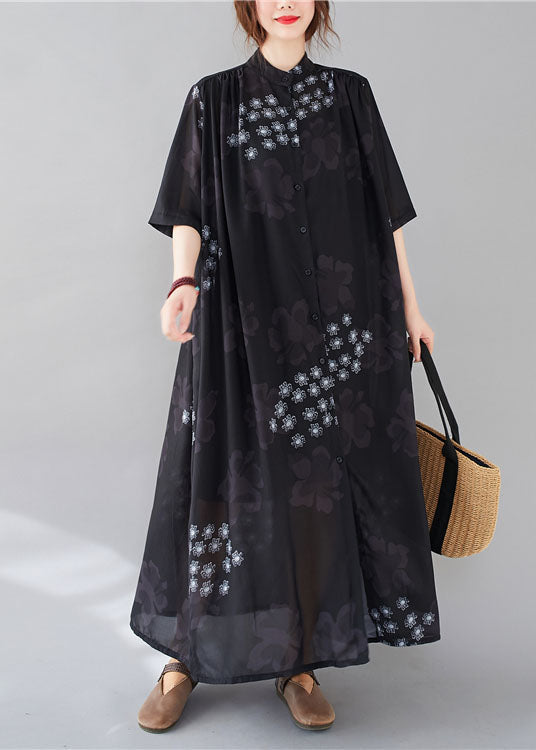 Black Stand Collar Oversized Print Chiffon Shirt Dresses Summer